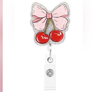 Cherry Bow Glitter Badge Reel - Pink and Red